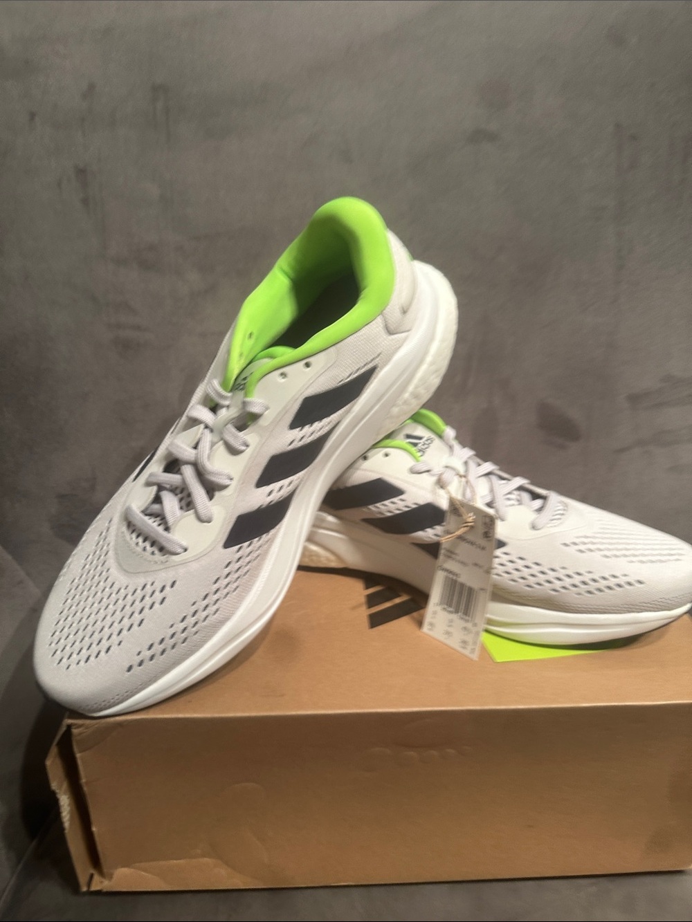 adidas White Athletic Running Shoes with Neon Green Lining
